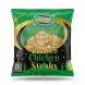 A professional studio photograph of a bag of Riverside Halal Breaded Chicken Steaks. The green and black packaging features a golden Halal certification crescent, a clear window to the breaded chicken steaks, and golden and green text, presented centrally against a clean white background.