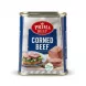 A 1:1 professional e-commerce product photograph of a Prima Halal Corned Beef tin, centered on a clean white background. The tin features the complete label with the 'PRIMA BEEF' logo, 'CORNED BEEF' text, serving suggestion images, and the prominent green and white Halal certification logo, all sharp and free of obstructions with even, soft lighting and shadows.