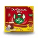 A 200g box of Akbar Do Ghazal Tea Bags featuring a red background, a traditional two-deer logo, a teacup, and 100 tea bags. PRODUCT: Akbar Do Ghazal Tea Bags (200g box) The product is a 200g cardboard box of Akbar Do Ghazal Tea Bags. The box features a red background with yellow borders. In the center, there is a green emblem with two white deer and four white leaf shapes. Above this emblem, the words "DO GHAZAL" are displayed in a white, ornate font, with "TEA" in a smaller white font below it. The top left corner contains the red and yellow "AKBAR" logo. To the right of the deer emblem, text reads: "FINEST CEYLON TEA GARDEN FRESH" in a white font on a green background. On the far right is a gold and red Ceylon Tea quality seal. In the bottom right corner, the text shows: "200 g e" and "Pure Ceylon Tea" and "Reiner Ceylon Tee" and "Pure Ceylon Thee" and "BOPF 'SP'". The bottom left corner has a picture of a clear glass of brewed tea with a matching tea bag steeping, resting on a small, ornate gold saucer. Above the glass, a white banner text says "PURE CEYLON TEA". Next to the tea bag graphic, a red and gold number 100 is visible with "TEABAGS" written underneath it. A yellow strip runs along the bottom, and a thin, vertical decorative gold line is present on the right side. The overall appearance is a clean, sharp, professional e-commerce product shot with a subtle, symmetrical soft shadow.