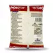 A clear, professional, centered product shot on a pure white background shows the back of a large Aycan Tosya Medium Grain Rice bag. The image details the white rice texture inside the clear bag, surrounded by red and white branding, cooking instructions, nutritional information, and barcode. The bag is scaled to fill the frame and is lit with soft studio lighting, creating symmetrical shadows.