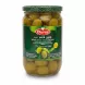 Jar of Durra Whole Green Olives Halabi with green polka-dot lid