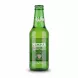 Green glass bottle of Mezza Strawberry Malt Beverage front label showing brand and strawberry graphic