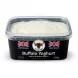 A 1:1 professional studio photo of Alsadda Buffalo Yoghurt, showing the black rectangular tub filled with thick white yoghurt under a clear lid, perfectly centered on a seamless white background. The clean labels with a Union Jack, Alsadda logo, and '100% British' text are clearly visible.
