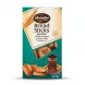 A 1:1 professional e-commerce product shot of a box of Hamdan Bread Sticks Basrawi Sesame. The teal and cream box features a wheat stalk graphic, English and Arabic text, and a die-cut window showing the sesame-covered breadsticks inside. The bottom of the box displays a cluster of breadsticks and a glass of tea. The box is centered on a pure white background with soft, even shadowing.