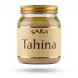 A 340g glass jar of SARA Tahina sesame paste with a golden lid and parchment label, presented in a centered e-commerce shot with a soft shadow.