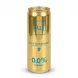A close-up, high-definition studio photograph of a single 330ml gold can of Au Blue Raspberry Alcohol-Free soft drink, featuring electric blue text and branding. The can is centered against a clean white background with soft, symmetrical shadows.