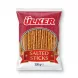 A 220g pack of Ülker Salted Sticks snack is shown in a professional, front-facing e-commerce photo with clean, even lighting and a soft shadow on both sides. The red and blue packaging features the distinct Ülker logo and a clear window displaying the salted pretzel sticks inside.