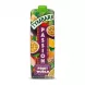 A professional product photograph of a 1L Tymbark Fruit of the World Passion fruit still drink carton. The front of the purple and green package displays vibrant images of whole and halved passion fruits, along with orange and apple slices.
