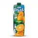 A 1-liter carton of Fresh 100% Orange Juice with Pulp, featuring realistic illustrations of oranges on a blue and green label, isolated on a white background.