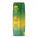 A 1-liter carton of Rauch Happy Day Apricot Juice is centered against a pure white background. The side view of the green carton displays the product branding, illustrations of apricots, nutritional information, and a large "Scan Me" QR code, all in sharp focus.