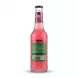 A professional 1:1 e-commerce product photograph showing the back label of a Hoffenberg Cactus Juice Drink glass bottle. The bottle is filled with a pink liquid and is perfectly centered on a clean white background. The intricate back label, featuring the 'هوفنبيرج' logo and detailed multilingual ingredients and nutritional information, is in sharp focus, rendered accurately and clearly. Soft, even lighting creates a balanced soft shadow beneath the bottle.