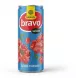 A 250ml can of Rauch Bravo Select Sour Cherry Nectar with bright blue branding, white "bravo" logo in a red oval, and vibrant illustrations of fresh red cherries. {IMAGE}