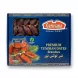 A 900g box of Garusana Premium Tunisian Dates, featuring whole dates on branches visible through a clear window, is centered on a white background with a subtle shadow. The blue box has golden borders, the brand name, and details about its origin in Tunisia and vegan status.