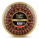A professional, centered e-commerce photograph of a 900g gold tray of Teeba Sagai Royal dates, isolated on a white background. The tray is densely packed with plump Sagai dates and features a clean black and gold label with precise text.