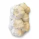 A close-up e-commerce photograph of a 700g mesh bag filled with whole, fresh garlic bulbs on a seamless white background. The bag is centrally framed with professional lighting and soft, symmetrical shadows.