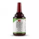 A 1:1 square-format studio photograph showing the back view of an AlAhlam Pomegranate Concentrate Syrup bottle, centered on a clean white background. The large white paper label displays the "AlAhlam" logo, a clear nutrition facts table, and ingredients list in multiple languages, with professional lighting ensuring high legibility and a sharp focus on all factual details.
