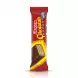 A front-view professional studio photograph of a single Ülker Çikolatalı Gofret chocolate wafer bar in its distinctive red and yellow wrapper, isolated against a white background with soft, symmetrical shadows. A high-resolution, professional studio product photograph of a single Ülker Çikolatalı Gofret chocolate wafer bar, based on the wrapper from image_0.png. The bar is perfectly centered and vertically oriented, filling 85% of the square (1:1 aspect ratio) frame, positioned against a seamless, pure white background. The entire product, with its red and yellow wrapper, is sharply focused. The red upper part features the vertical "Ülker Çikolatalı GOFRET" text, identical in font and placement to image_0.png, with the small blue circular "NEFİS" logo. Below this, the yellow scalloped section displaying the graphic of the detailed, multi-layered wafer bar cross-section is prominent. The product is meticulously cleaned of all handling marks, creases, or minor imperfections. The crimped ends are neat and detailed. No hands, people, floor, or other store elements are visible. The lighting is soft and even professional studio lighting, creating a bright and clean presentation. Below the bar, a soft, symmetrical contact shadow and a wider soft reflection are cast, creating a clean, balanced look on both sides of the vertical product. The edges are perfectly clean.