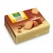 A 3D view of the Gullón Creme Canela biscuits box, showcasing the front packaging with biscuits and cinnamon sticks illustration, alongside a side panel with extensive legal and ingredients text. The product is presented against a seamless white background with professional studio lighting.