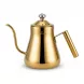 Enhanced Gold gooseneck kettle with vented lid and special offer sticker on countertop