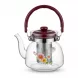 A clear glass teapot with a vibrant floral pattern and a rich red handle, lid, and knob, featuring an internal stainless steel mesh infuser, isolated on a clean white background.