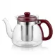 Enhanced Side view of glass teapot with stainless steel infuser and red lid