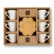 Enhanced Set of six white Paçi porcelain cups with bamboo flower-shaped coasters in box