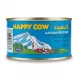 A side view e-commerce photo of a 340g round tin of Happy Cow Austrian Processed Cheese. The tin is blue and features a mountain and village illustration, with text and a barcode clearly visible.