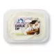 A top-down professional product photograph of a clear rectangular plastic tub containing a white Deli Day Garlic Dip (200g). The tub features a clean label with the 'Deli Day' logo, 'GARLIC DIP' text, and garlic bulb illustrations, presented in sharp focus against a pure white background with soft, even shadowing.