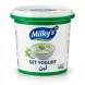 Enhanced Top view of Milky's Set Yogurt 950g tub with hand holding