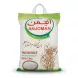 Enhanced Front of Anjoman Tarom Rice 5kg bag showing logo, product type, and illustration of rice plants.