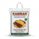 Enhanced Back of Kamran Super Sella Rice 5kg bag featuring brand, dish serving suggestion, and weight info
