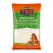 A 300g packet of TRS Desiccated Coconut Fine, featuring the TRS brand logo and an illustration of an Indian woman on an orange and green package. The clean, professional photo is centered against a pure white background.