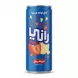 Front of Rani Float Strawberry Banana fruit drink can with vibrant blue background and fruit images