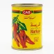 Hand holding a 135g tin of CAB Harissa Paste with red chillies on yellow label