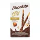 Front of Biscolata Stix Hazelnut Biscuit Sticks 32g box featuring chocolate and hazelnut imagery