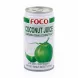 Hand holding a can of FOCO Coconut Juice Drink 350ml with green coconut graphic