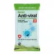 Front view of Sanicare Anti-Viral Hand and Surface Wipes 15 pack with green packaging and virus illustration